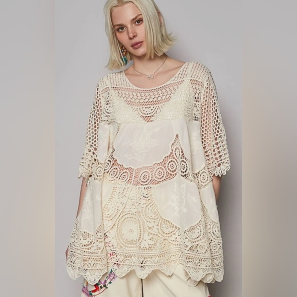 Pol Natural Crochet Lace Embroidered Short Sleeve Top - Picture 1 of 1